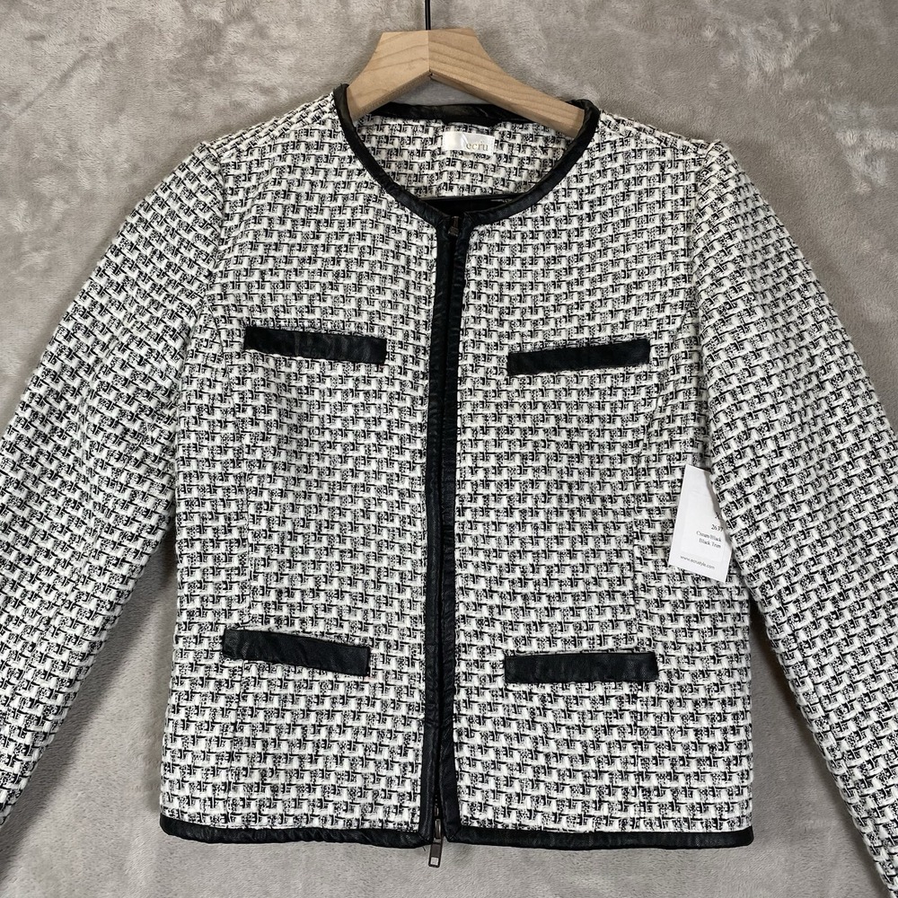 Ecru Blazer Womens XS Black White Tweed Jacket Leather Trim